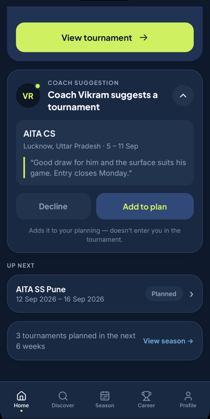 Family sees a coach tournament suggestion